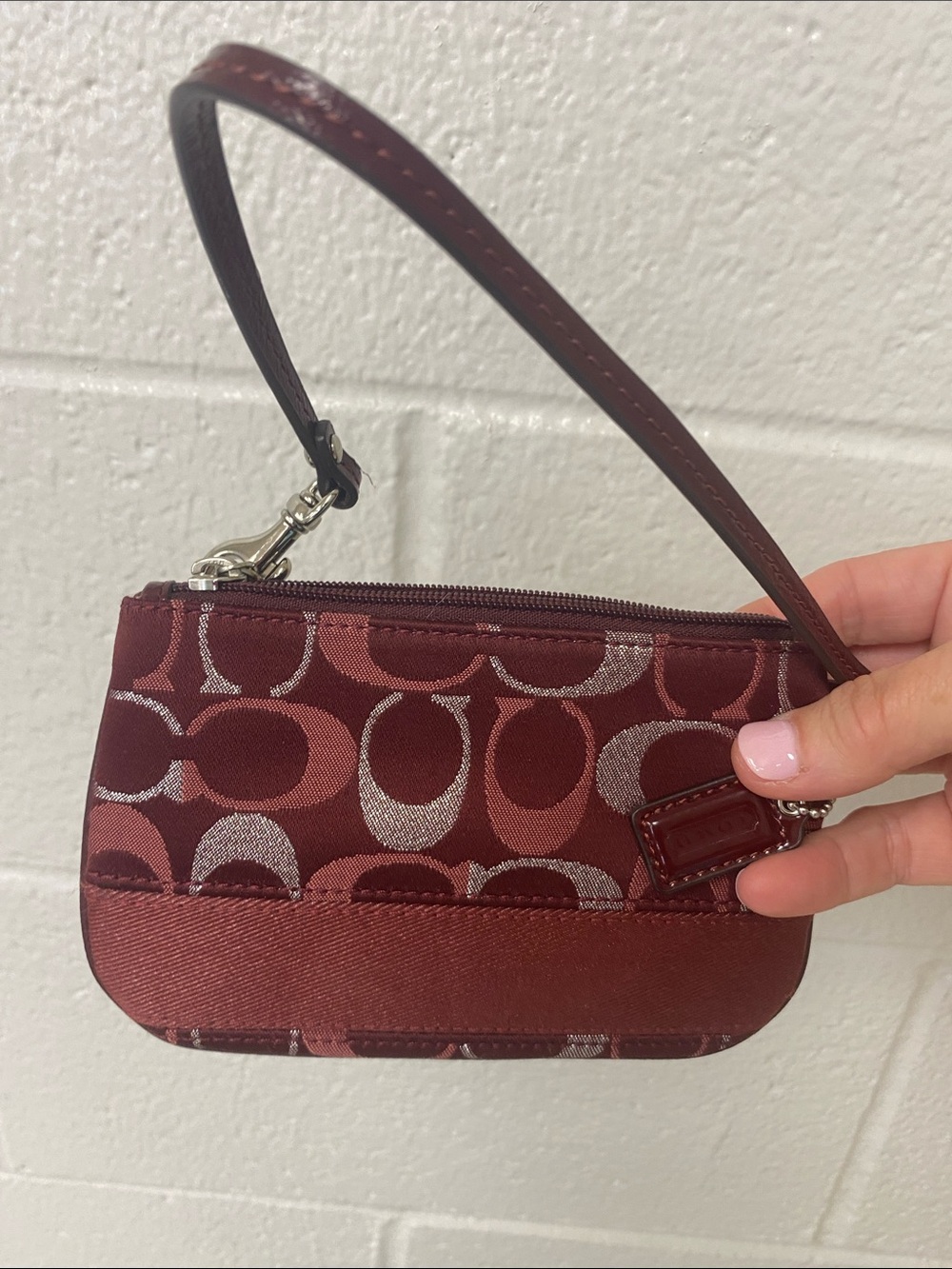 Coach Burgundy Signature Jacquard Wristlet with Leather Strap